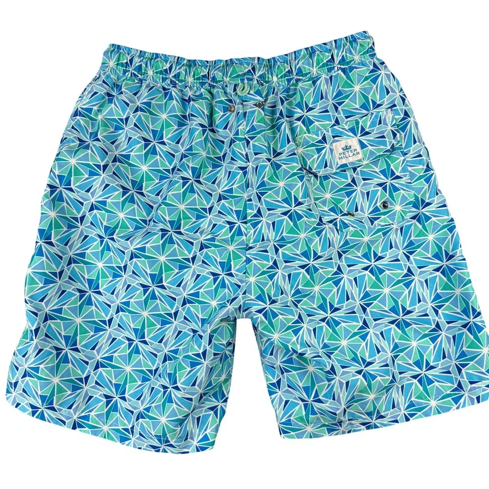 Peter Millar Mens MS16P16 Blue Geometric Mosaic Swim Trunks Shorts Size M